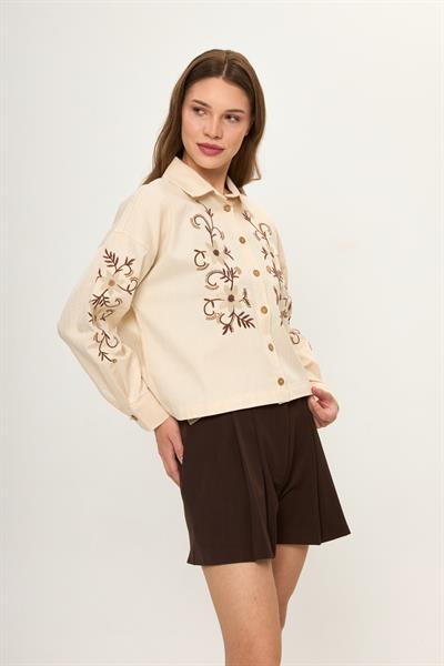 Bej %100 Pamuk Nakışlı Desenli Kadın Gömlek