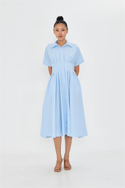 Pileli Gömlek Yaka Poplin Elbise