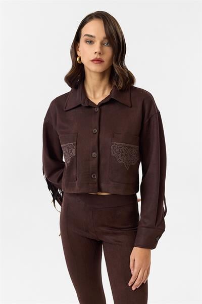 Püsküllü Nakışlı Süet Gömlek