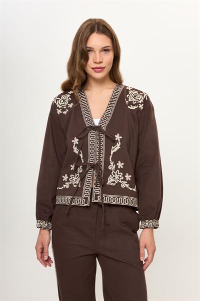 Kahve %100 Pamuk Önü Bağcıklı Nakış İşlemeli Kadın Ceket
