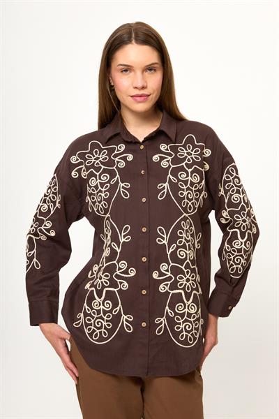 Kahve %100 Pamuk Balıksırtı Desenli Nakış İşlemeli Kadın Gömlek