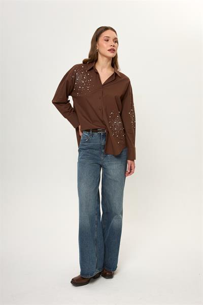 Önü ve Kolu Taşlı Poplin Gömlek