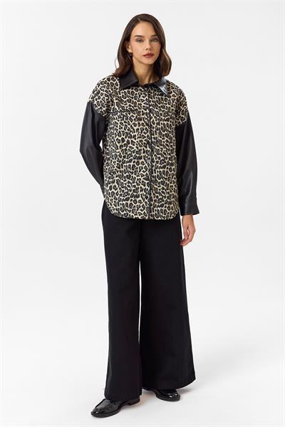 Deri Garnili Leopar Gabardin Gömlek
