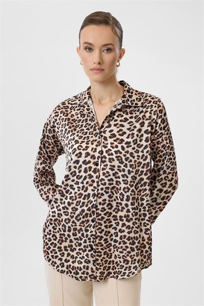 Leopar Desenli Klasik Saten Gömlek