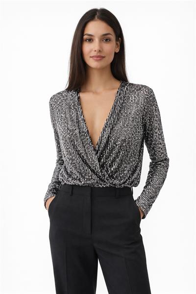 Kruvaze Beli Lastikli Pul Payet Bluz - Gri