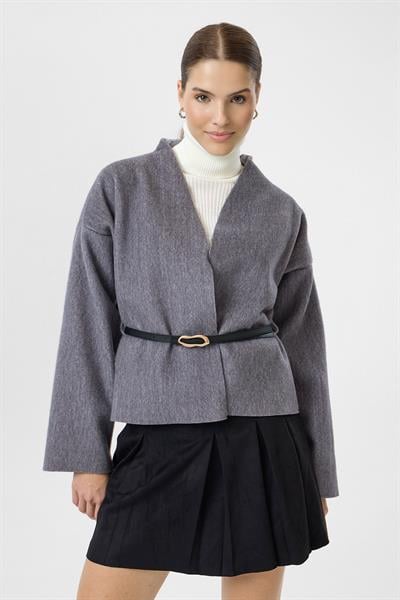 Deri Kemerli Kaşe Kimono