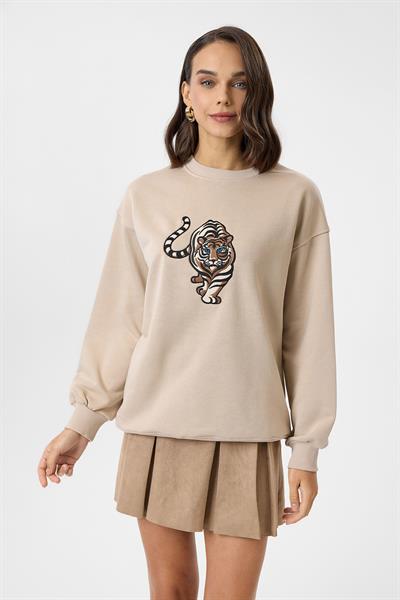 Kaplan Nakışlı Arkası Baskılı Sweatshirt