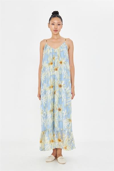 V Yaka Askılı Desenli Elbise