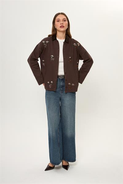 Kadife Yakalı Nakışlı Pamuklu Ceket