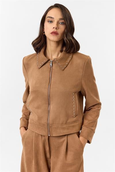 Taş Detaylı Fermuarlı Süet Ceket