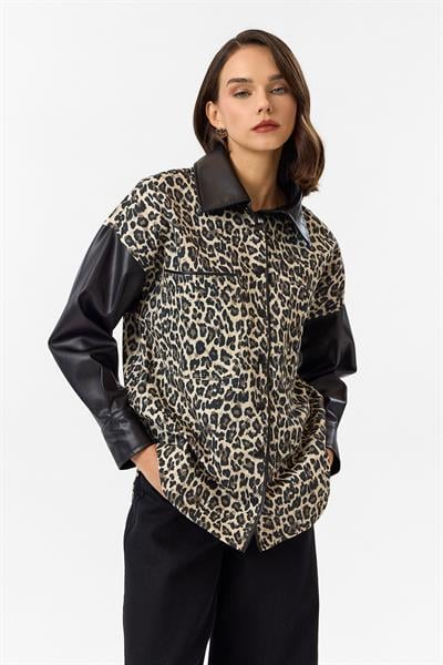 Deri Garnili Leopar Gabardin Gömlek