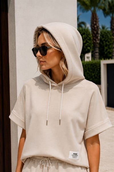 Kapüşonlu Kısa Kol Modal Sweatshirt