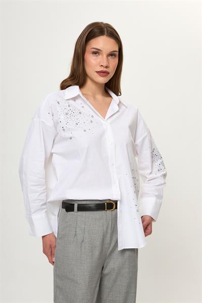 Önü ve Kolu Taşlı Poplin Gömlek 