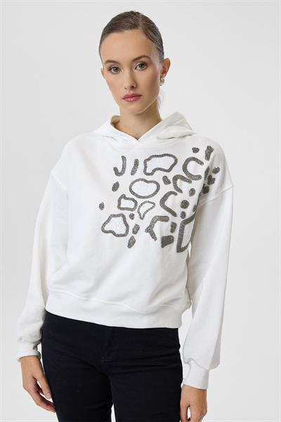 Kapüşonlu Boncuk Nakışlı Crop Sweatshirt