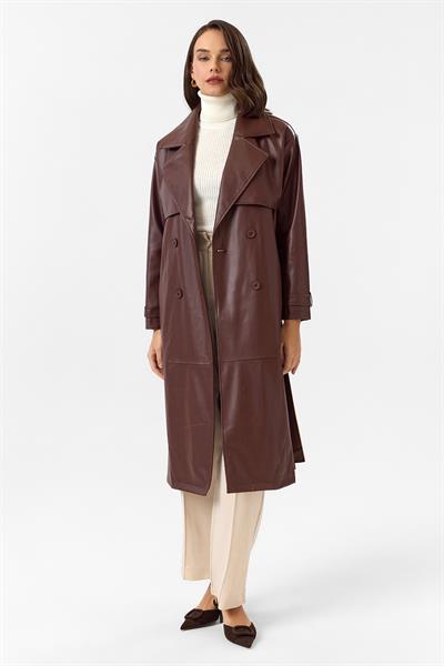 Allerli Kuşaklı Deri Trençkot 