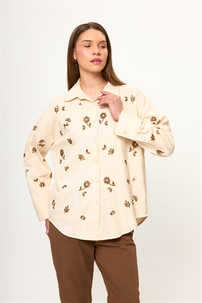 Boncuk İşlemeli Gabardin Gömlek