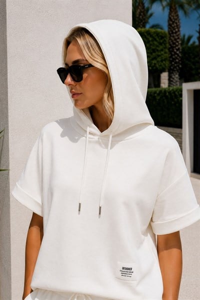 Kapüşonlu Kısa Kol Modal Sweatshirt