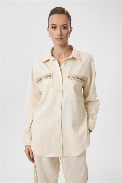 Nakışlı Keten Karışımlı Gömlek