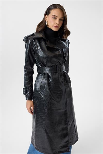 Timsah Derisi Desenli Uzun Trençkot