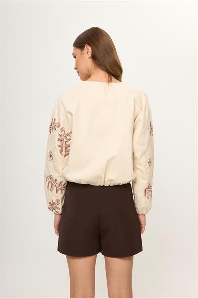 Bej %100 Pamuk Nakış İşlemeli Kadın Bomber Ceket