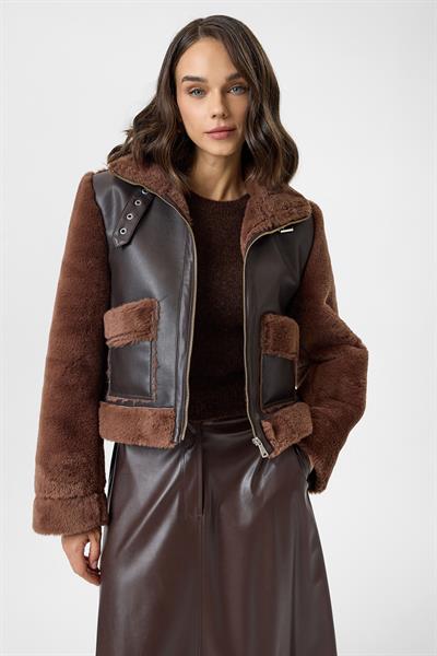 Çift Cepli Deri Peluş Mont