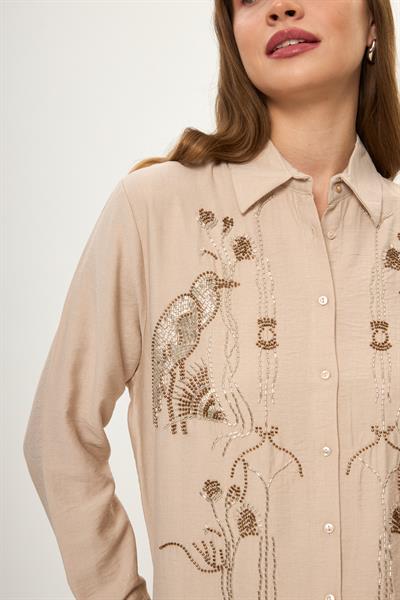 Kuş ve Çiçek Boncuk İşlemeli Oversize Gömlek