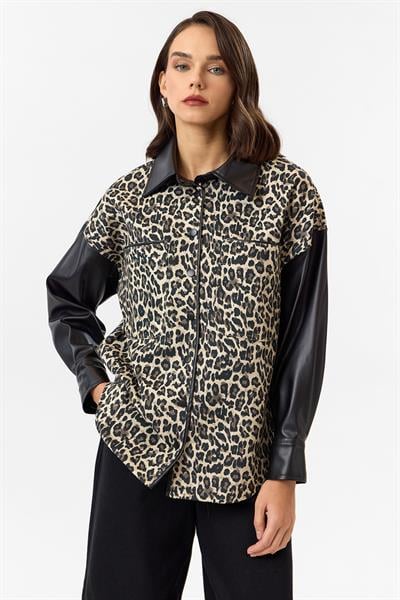 Deri Garnili Leopar Gabardin Gömlek