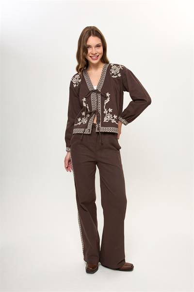 Kahverengi %100 Pamuk Nakış Detaylı Kadın Pantolon