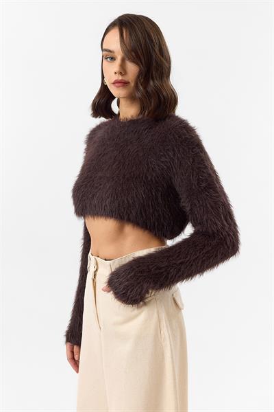 Bisiklet Yaka Crop Kazak