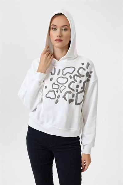 Kapüşonlu Boncuk Nakışlı Crop Sweatshirt