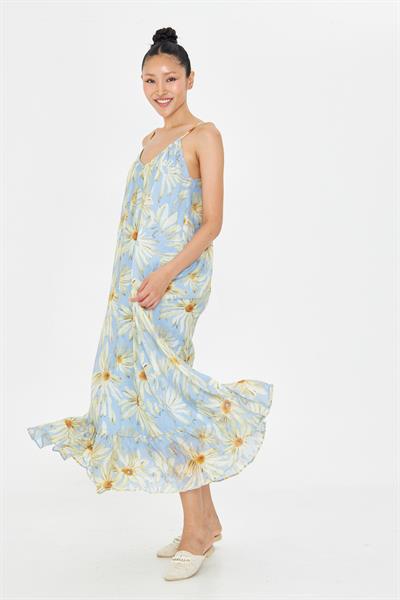 V Yaka Askılı Desenli Elbise