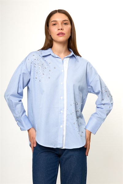 Kolu ve Önü Taşlı Çizgili Poplin Gömlek