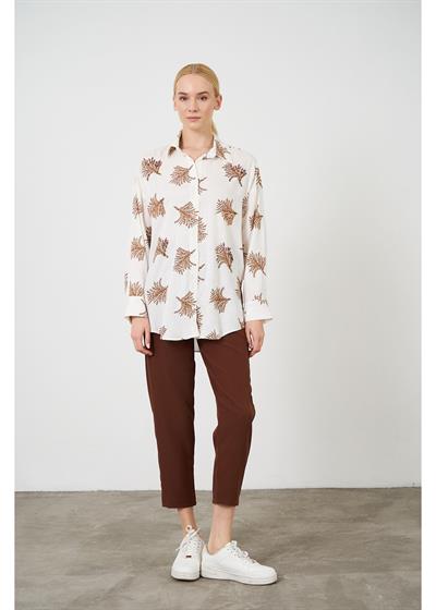 Ağaç Baskılı Taş İşlemeli Keten Görünümlü Gömlek 