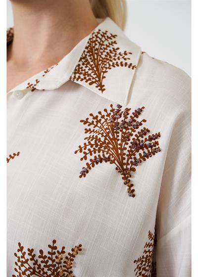 Ağaç Baskılı Taş İşlemeli Keten Görünümlü Gömlek 