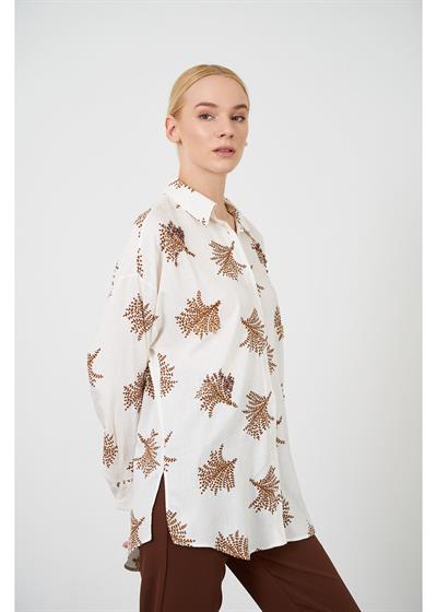 Ağaç Baskılı Taş İşlemeli Keten Görünümlü Gömlek 