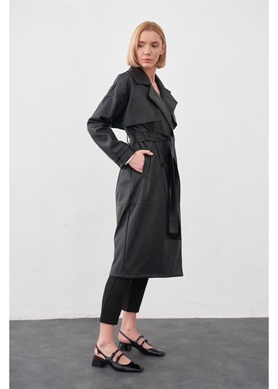 Allerli Kuşaklı Deri Trençkot