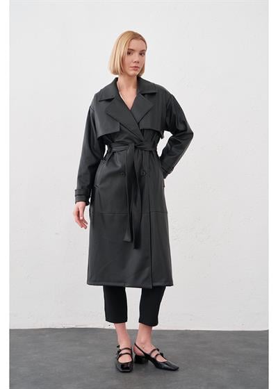 Allerli Kuşaklı Deri Trençkot