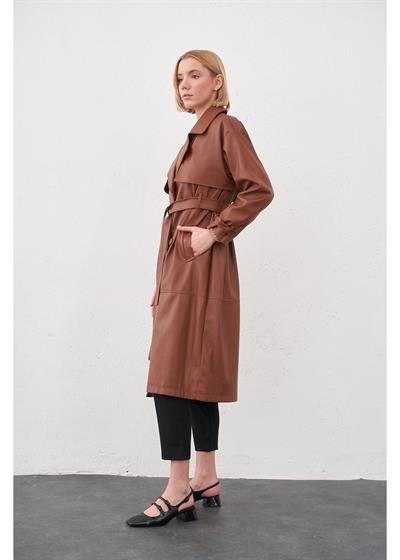 Allerli Kuşaklı Deri Trençkot