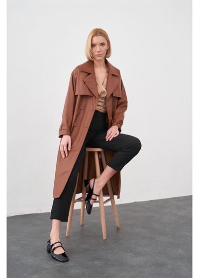 Allerli Kuşaklı Deri Trençkot