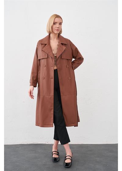 Allerli Kuşaklı Deri Trençkot