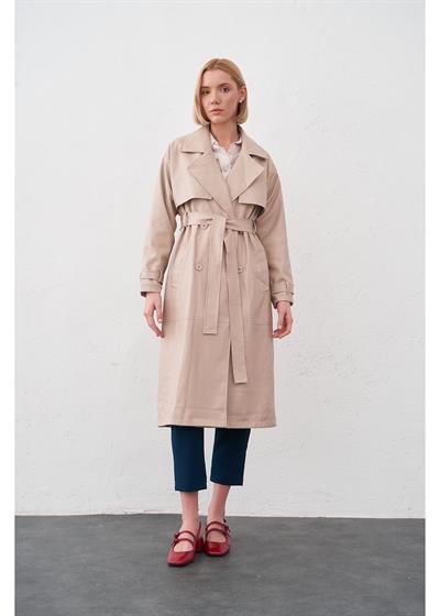 Allerli Kuşaklı Deri Trençkot