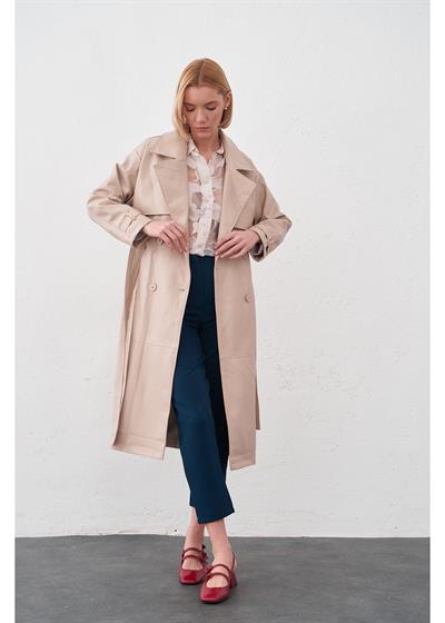 Allerli Kuşaklı Deri Trençkot