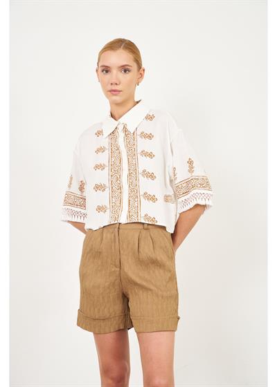 Antik Desenli Kolları Püsküllü Gömlek 