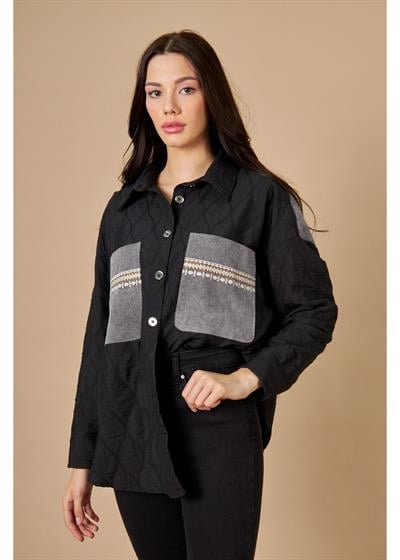 Arkası Nakışlı Garnili Uzun Kapitone Gömlek 