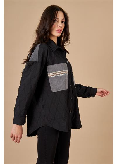 Arkası Nakışlı Garnili Uzun Kapitone Gömlek 