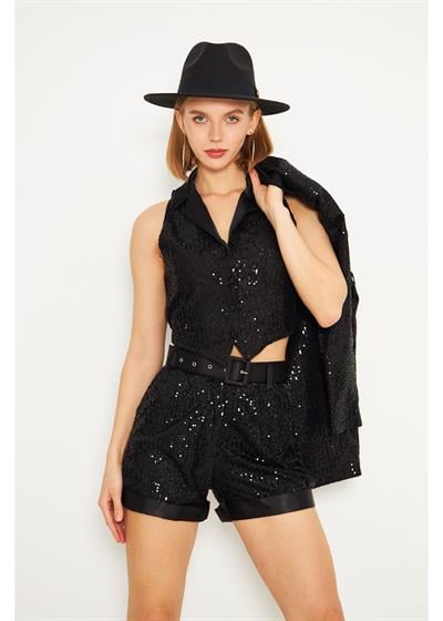 Belden Bağlamalı Pul Payet Yelek 