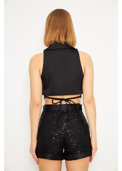 Belden Bağlamalı Pul Payet Yelek 