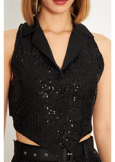 Belden Bağlamalı Pul Payet Yelek 