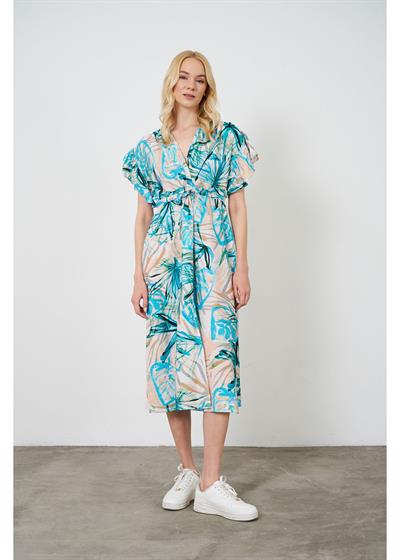 Beli Bağcıklı Baskılı Elbise