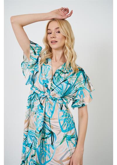 Beli Bağcıklı Baskılı Elbise